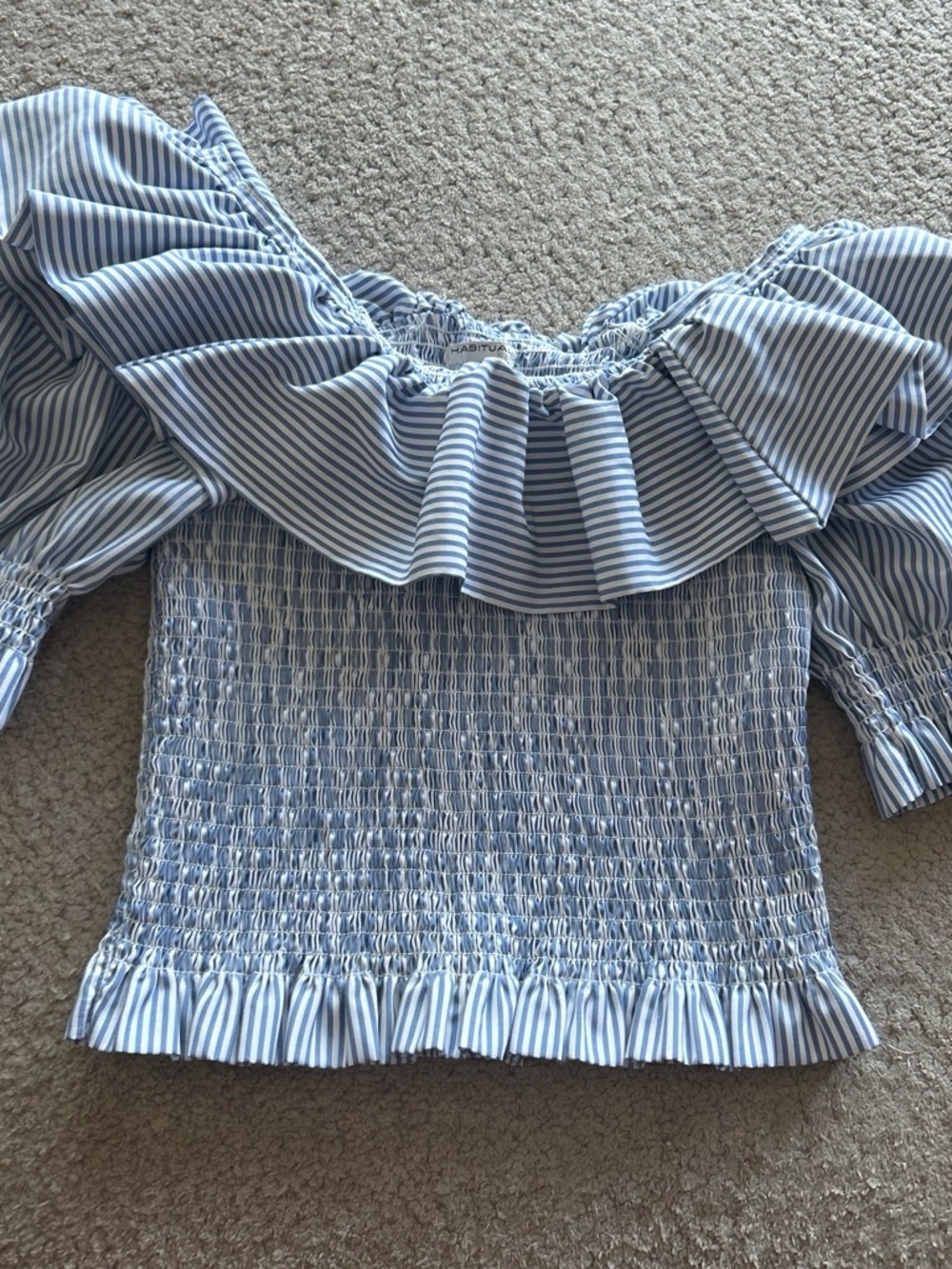 Habitual Blue & White Striped Off-Shoulder Smocked Crop Top